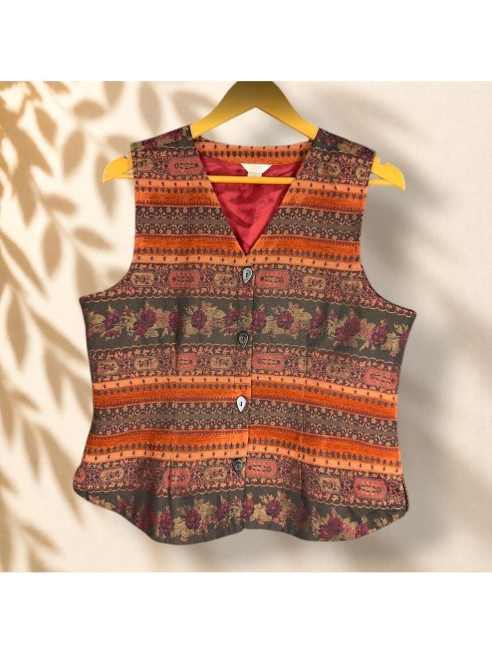 Christopher & Banks Suit Vest Women M Medium Orange Striped Button Up Lined